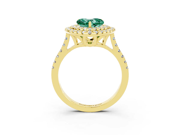 Yellow gold Double Halo Heart Cut Green Sapphire Pavé Band with Four-Prong Setting