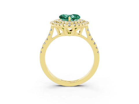 Yellow gold Double Halo Heart Cut Green Sapphire Pavé Band with Four-Prong Setting_3
