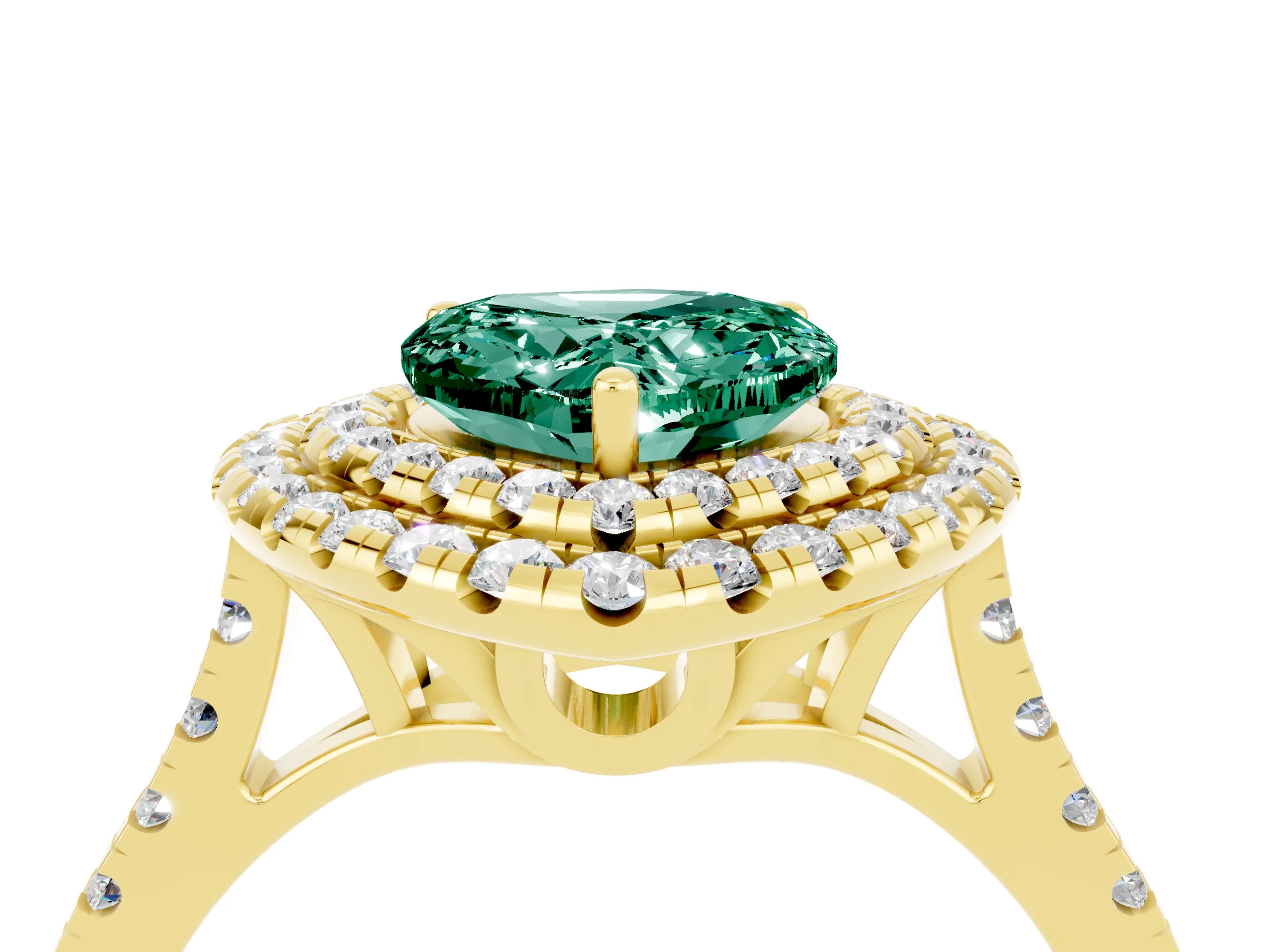 Yellow gold Double Halo Heart Cut Green Sapphire Pavé Band with Four-Prong Setting_4