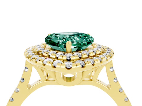 Yellow gold Double Halo Heart Cut Green Sapphire Pavé Band with Four-Prong Setting_4