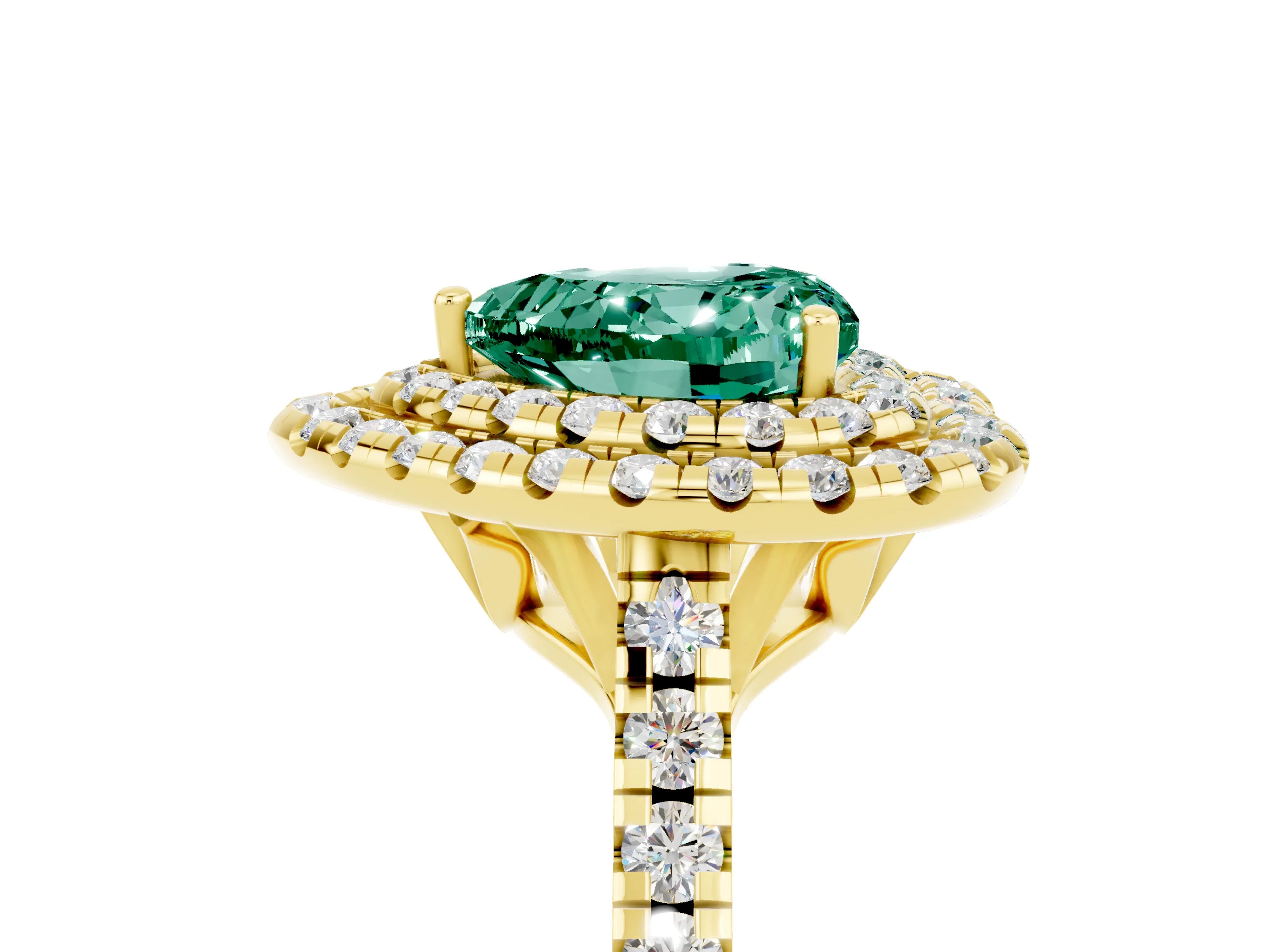 Yellow gold Double Halo Heart Cut Green Sapphire Pavé Band with Four-Prong Setting_5