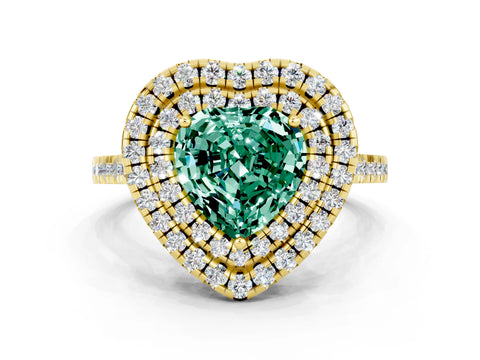 Yellow gold Double Halo Heart Cut Green Sapphire Pavé Band with Four-Prong Setting