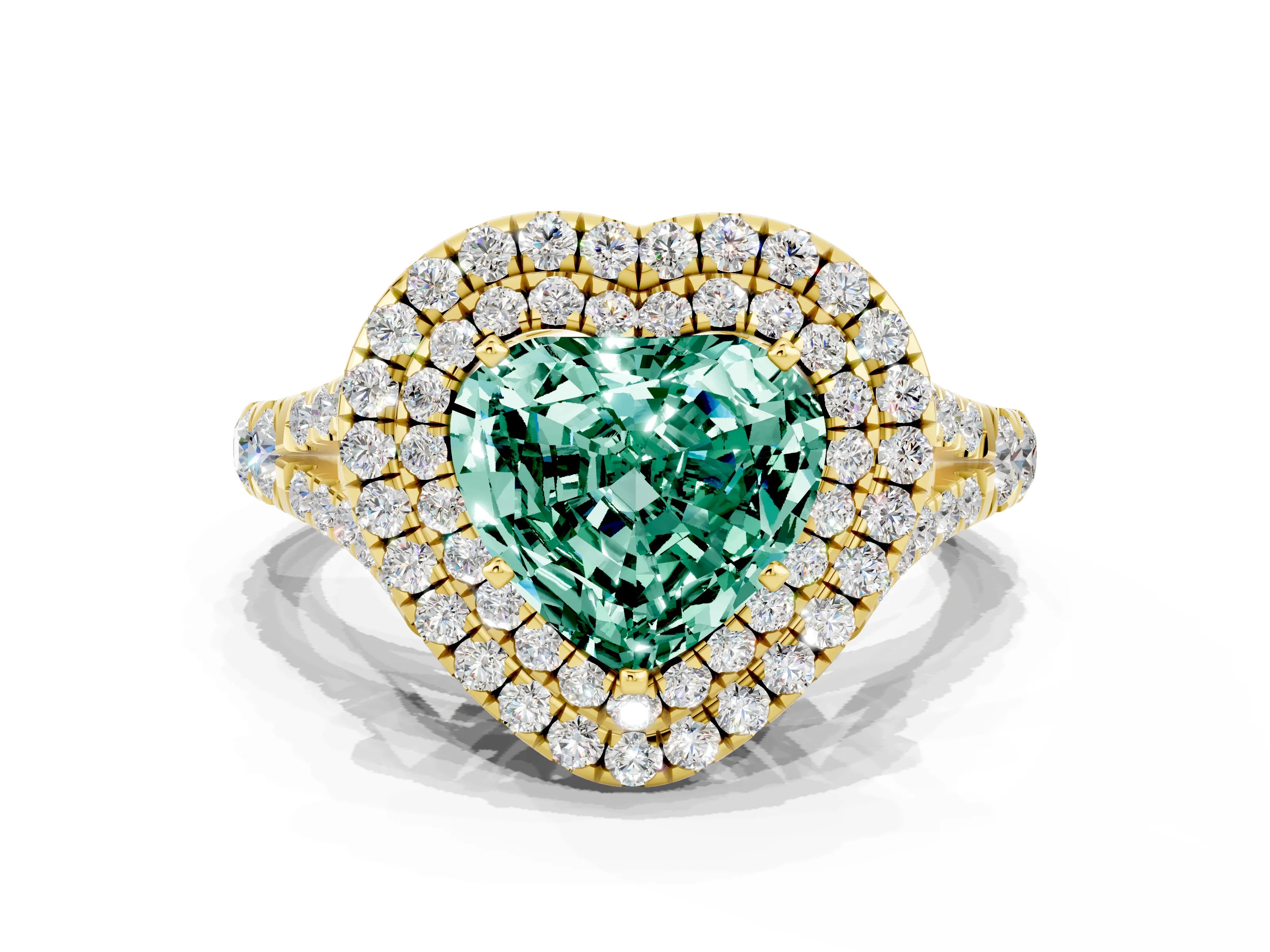 Yellow gold Double Halo Heart Cut Green Sapphire Pavé Split Shank Ring with Prong Setting