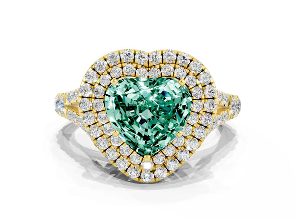 Yellow gold Double Halo Heart Cut Green Sapphire Pavé Split Shank Ring with Prong Setting