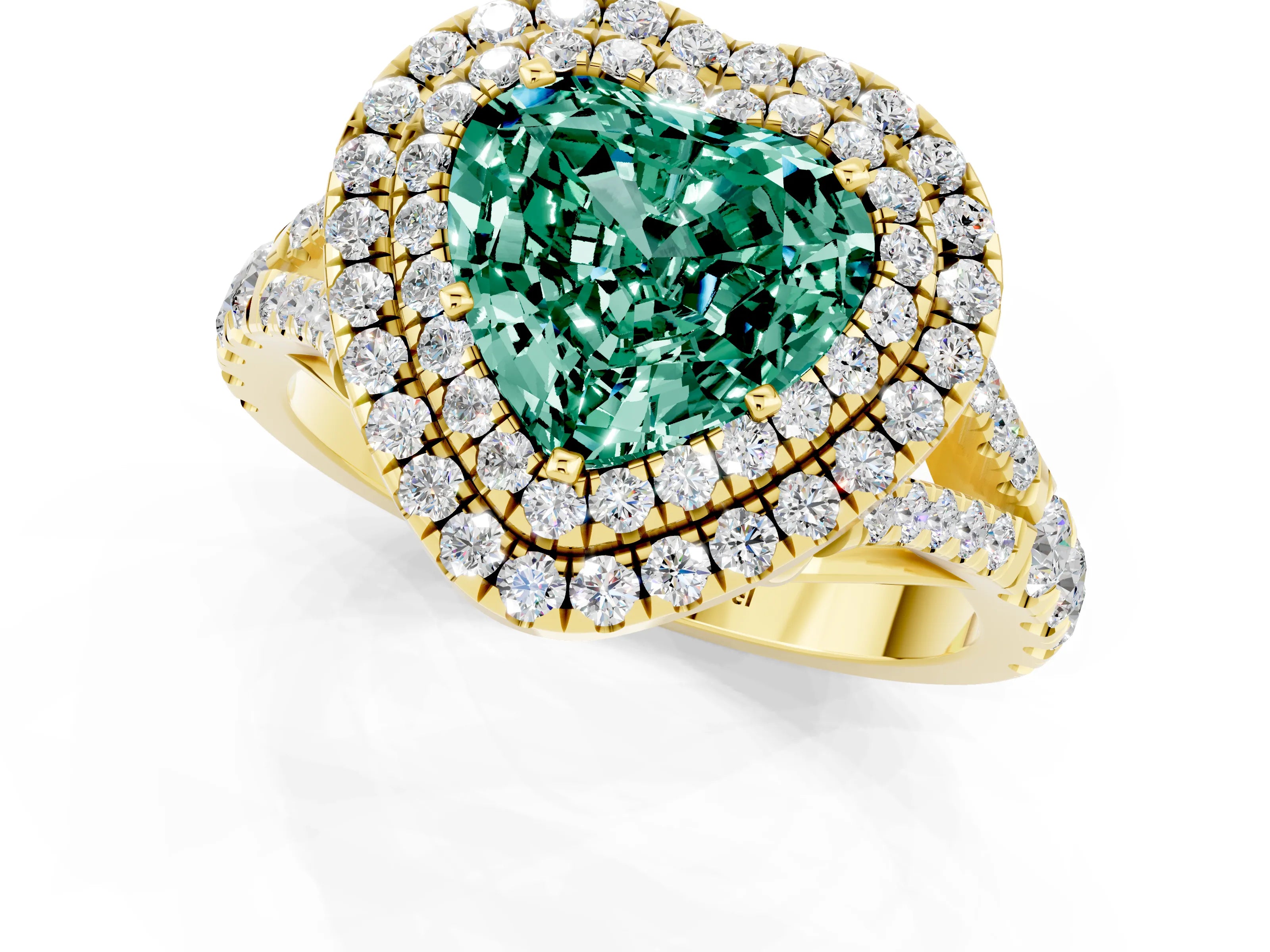 Yellow gold Double Halo Heart Cut Green Sapphire Pavé Split Shank Ring with Prong Setting_1