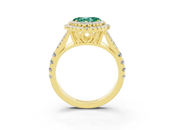 Yellow gold Double Halo Heart Cut Green Sapphire Pavé Split Shank Ring with Prong Setting