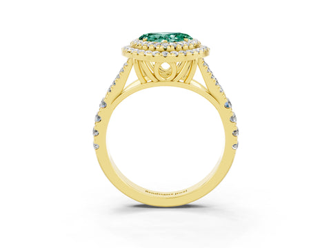 Yellow gold Double Halo Heart Cut Green Sapphire Pavé Split Shank Ring with Prong Setting_3