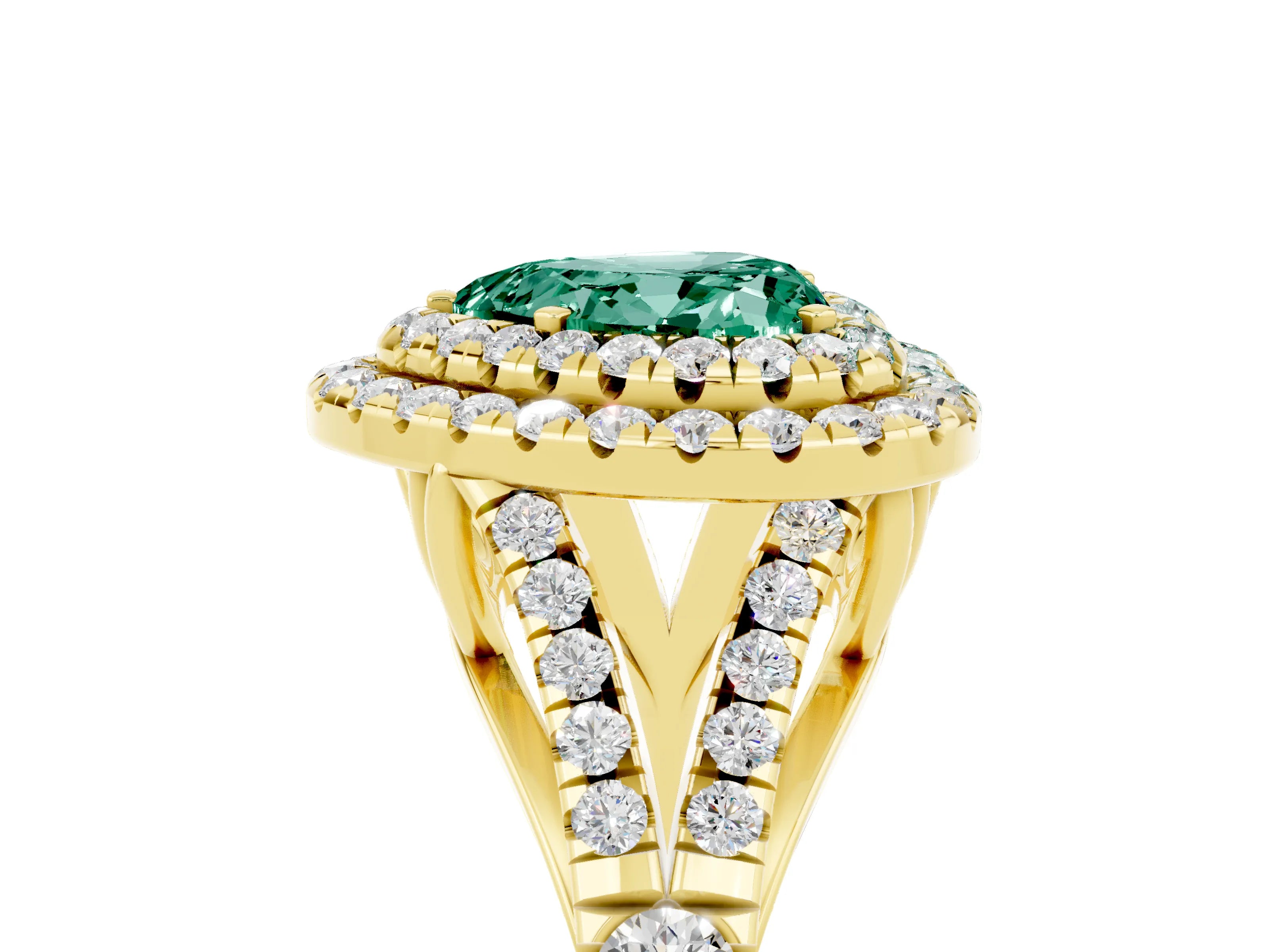 Yellow gold Double Halo Heart Cut Green Sapphire Pavé Split Shank Ring with Prong Setting_5