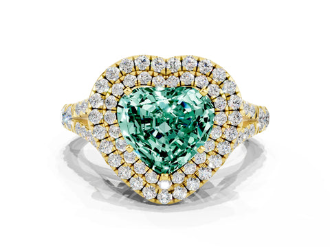 Yellow gold Double Halo Heart Cut Green Sapphire Pavé Split Shank Ring with Prong Setting