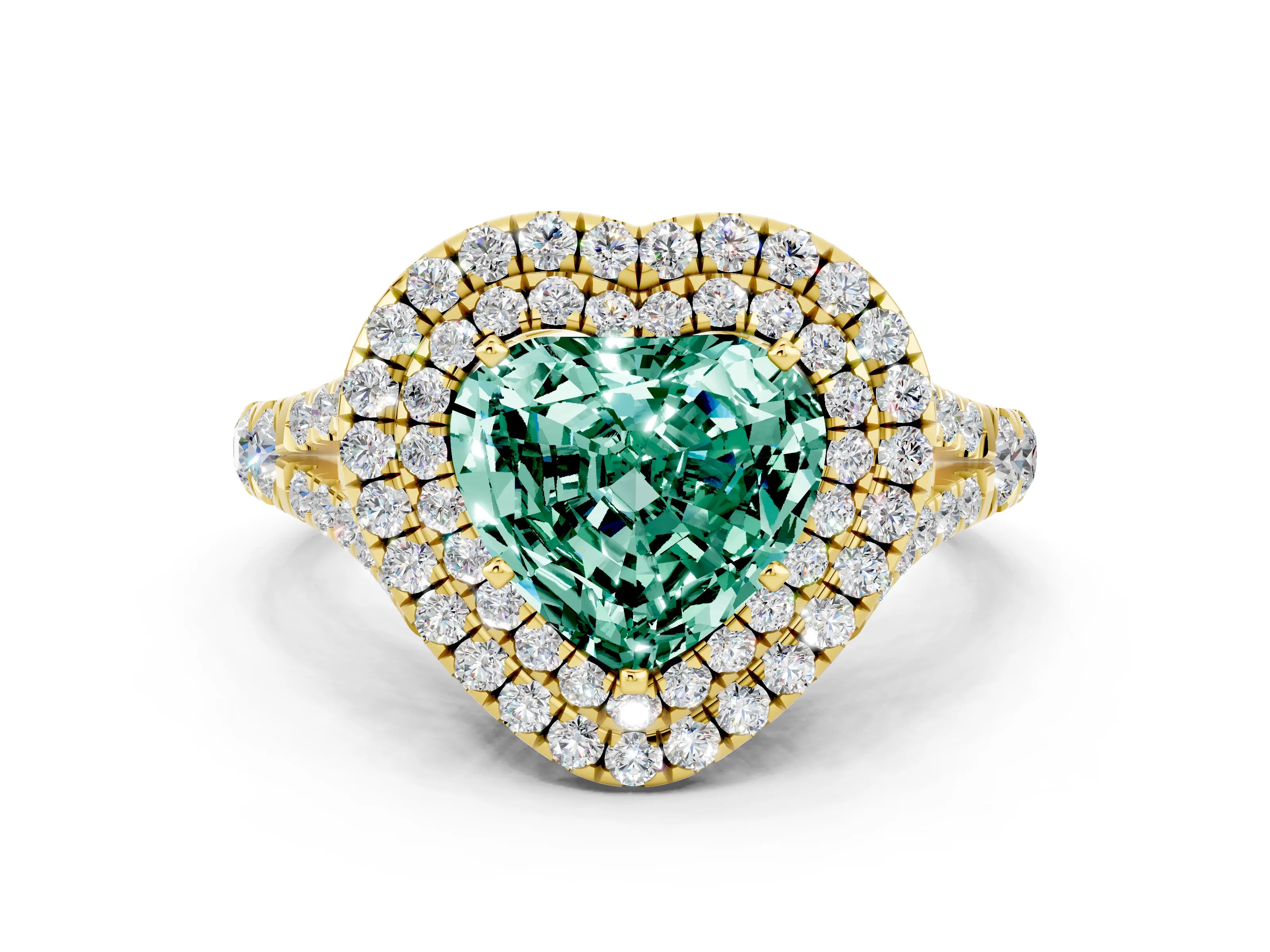 Yellow gold Double Halo Heart Cut Green Sapphire Split Shank Engagement Ring with Four-Prong Setting