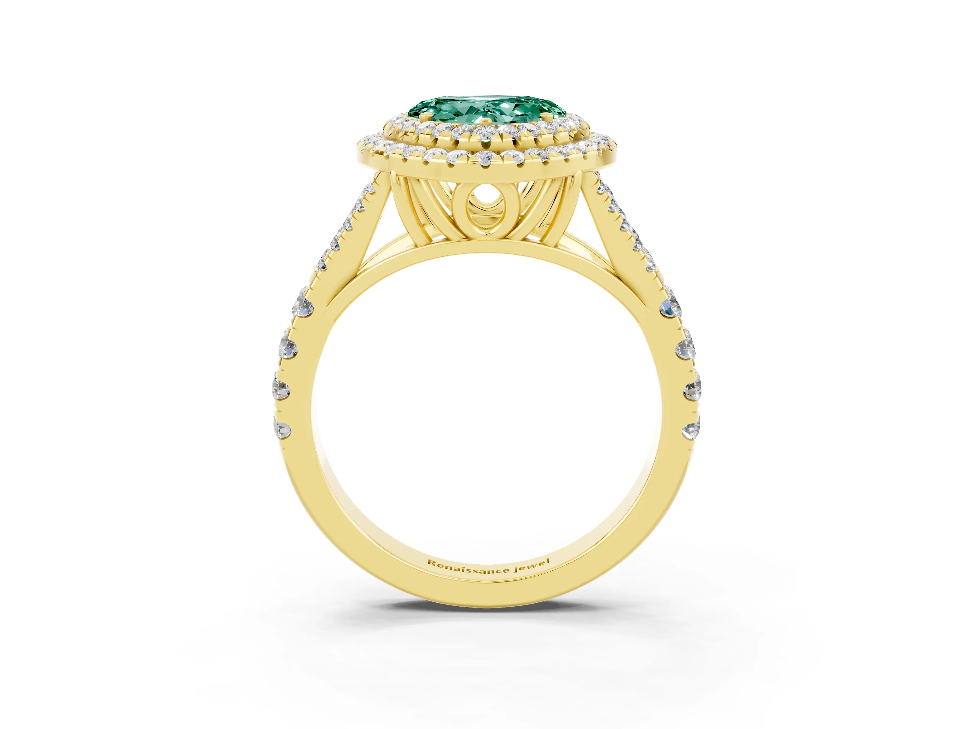 Yellow gold Double Halo Heart Cut Green Sapphire Split Shank Engagement Ring with Four-Prong Setting_3