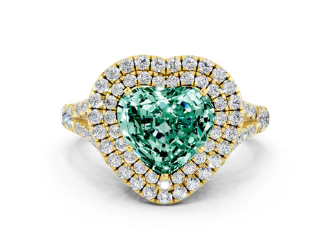 Yellow gold Double Halo Heart Cut Green Sapphire Split Shank Engagement Ring with Four-Prong Setting