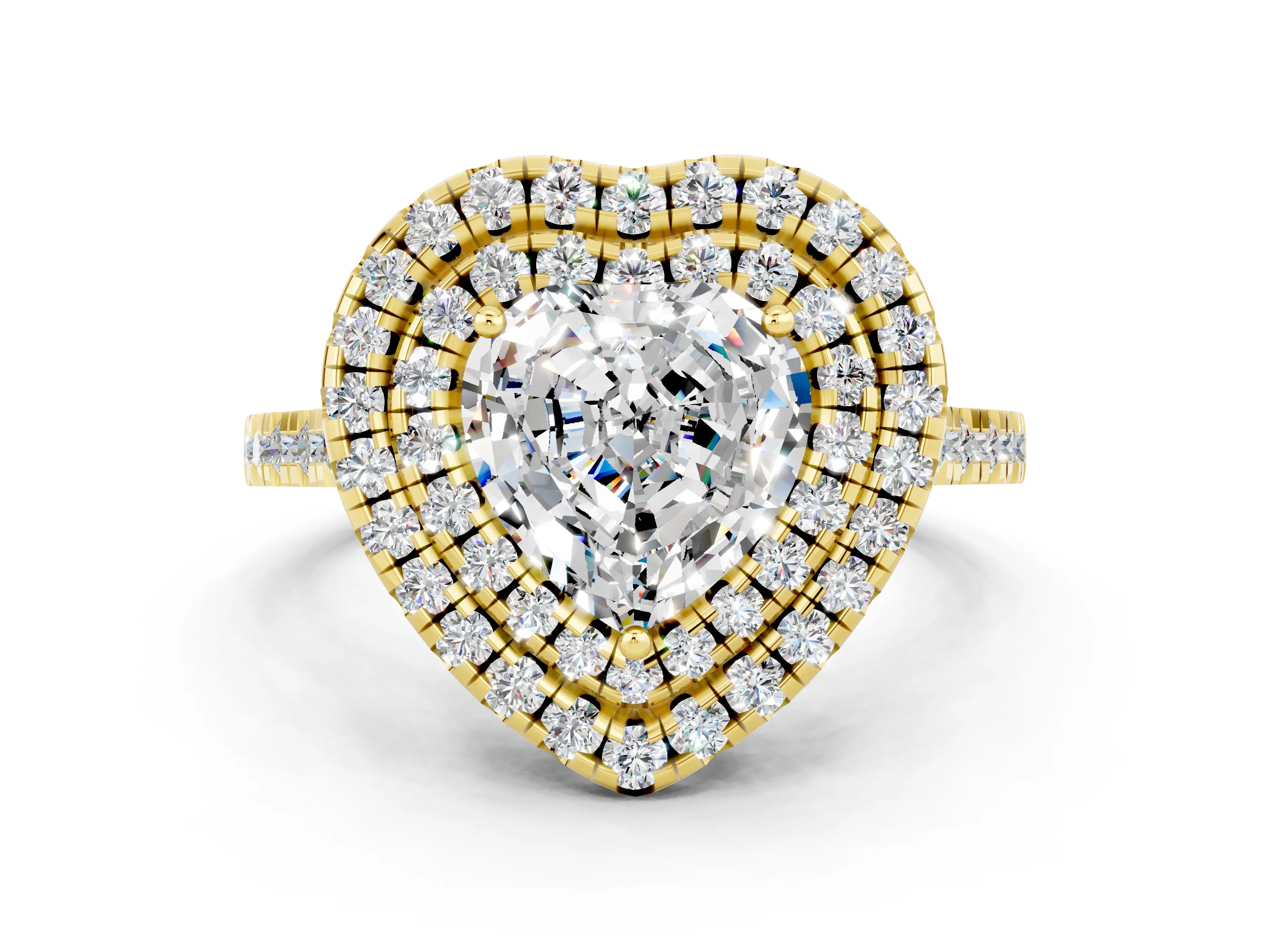 Yellow gold Double Halo Heart Cut Moissanite Pavé Band with Four-Prong Setting