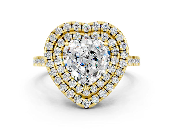 Yellow gold Double Halo Heart Cut Moissanite Pavé Band with Four-Prong Setting