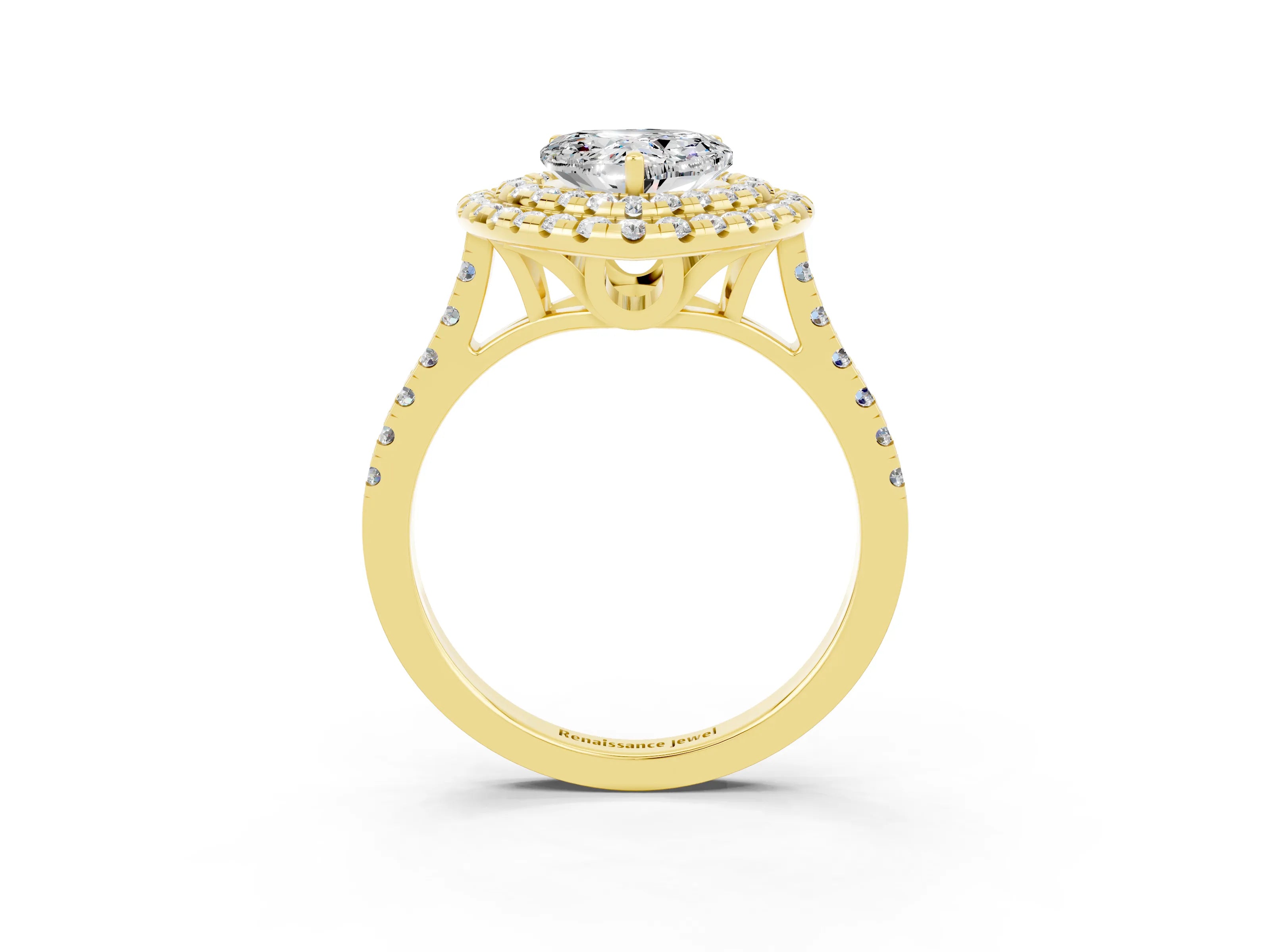 Yellow gold Double Halo Heart Cut Moissanite Pavé Band with Four-Prong Setting_3