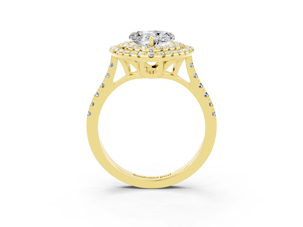 Yellow gold Double Halo Heart Cut Moissanite Pavé Band with Four-Prong Setting