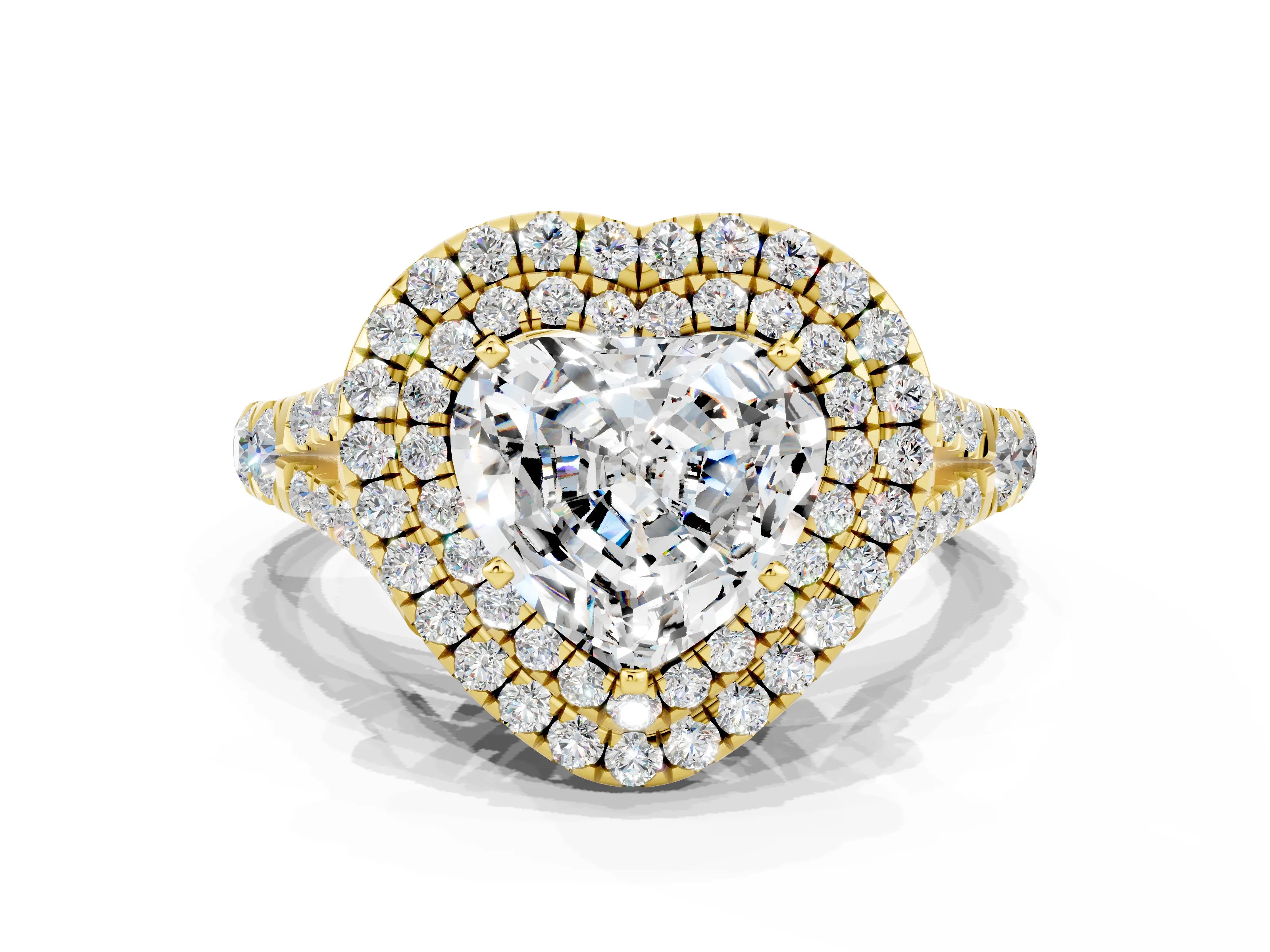 Yellow gold Double Halo Heart Cut Moissanite Pavé Split Shank Ring with Prong Setting