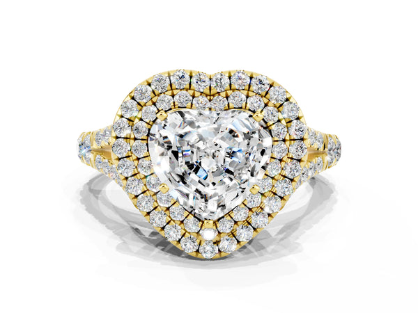 Yellow gold Double Halo Heart Cut Moissanite Pavé Split Shank Ring with Prong Setting