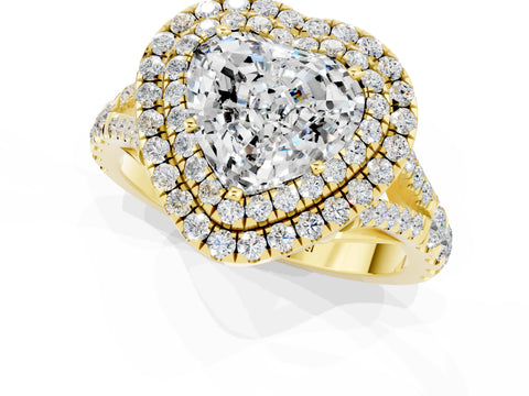 Yellow gold Double Halo Heart Cut Moissanite Pavé Split Shank Ring with Prong Setting_1