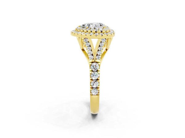 Yellow gold Double Halo Heart Cut Moissanite Pavé Split Shank Ring with Prong Setting
