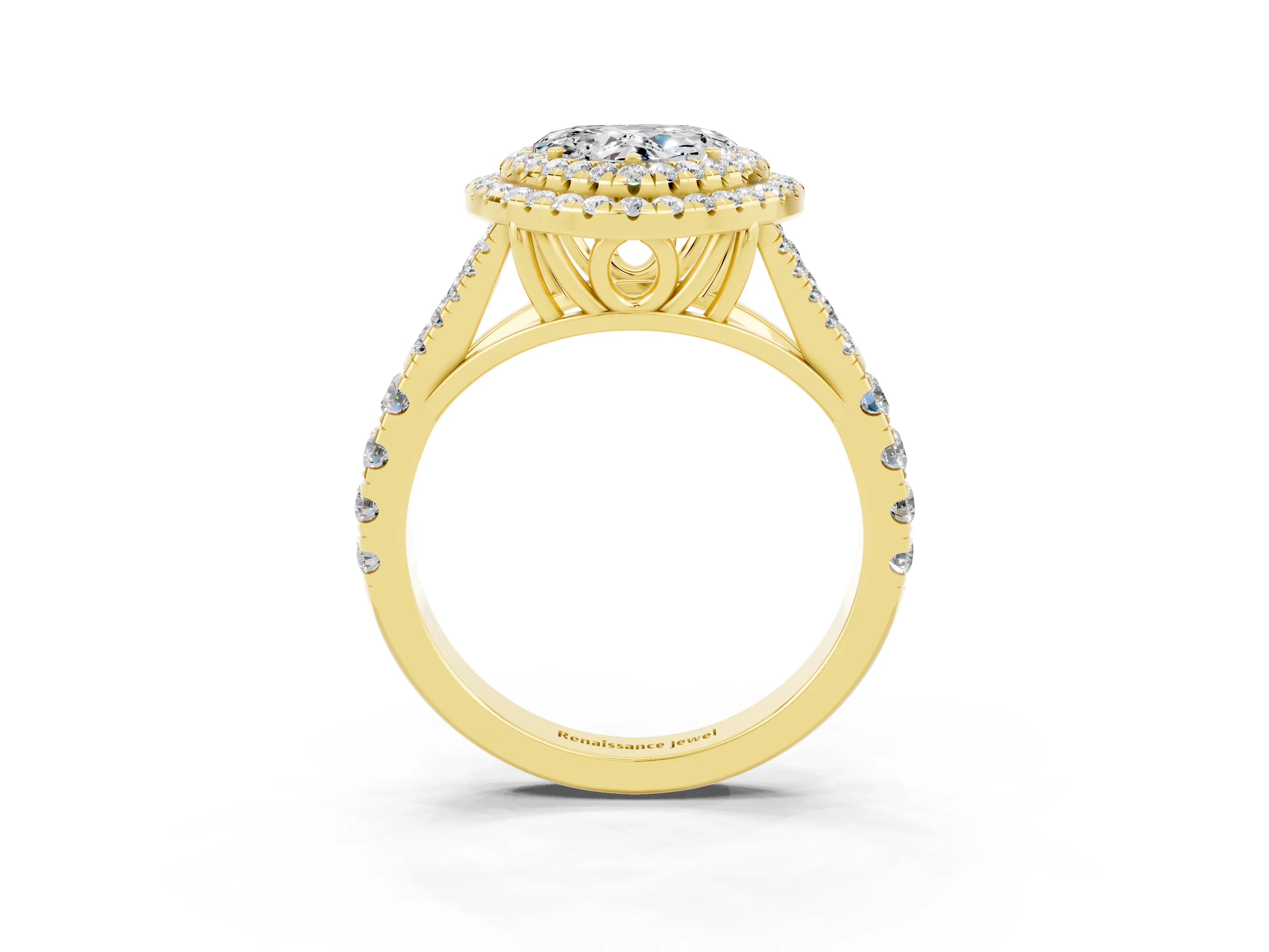 Yellow gold Double Halo Heart Cut Moissanite Pavé Split Shank Ring with Prong Setting_3