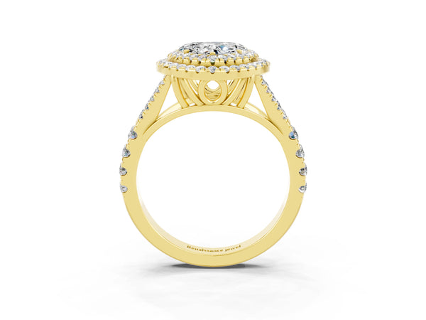 Yellow gold Double Halo Heart Cut Moissanite Pavé Split Shank Ring with Prong Setting