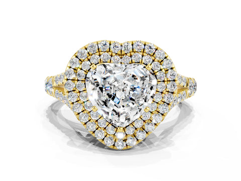 Yellow gold Double Halo Heart Cut Moissanite Pavé Split Shank Ring with Prong Setting