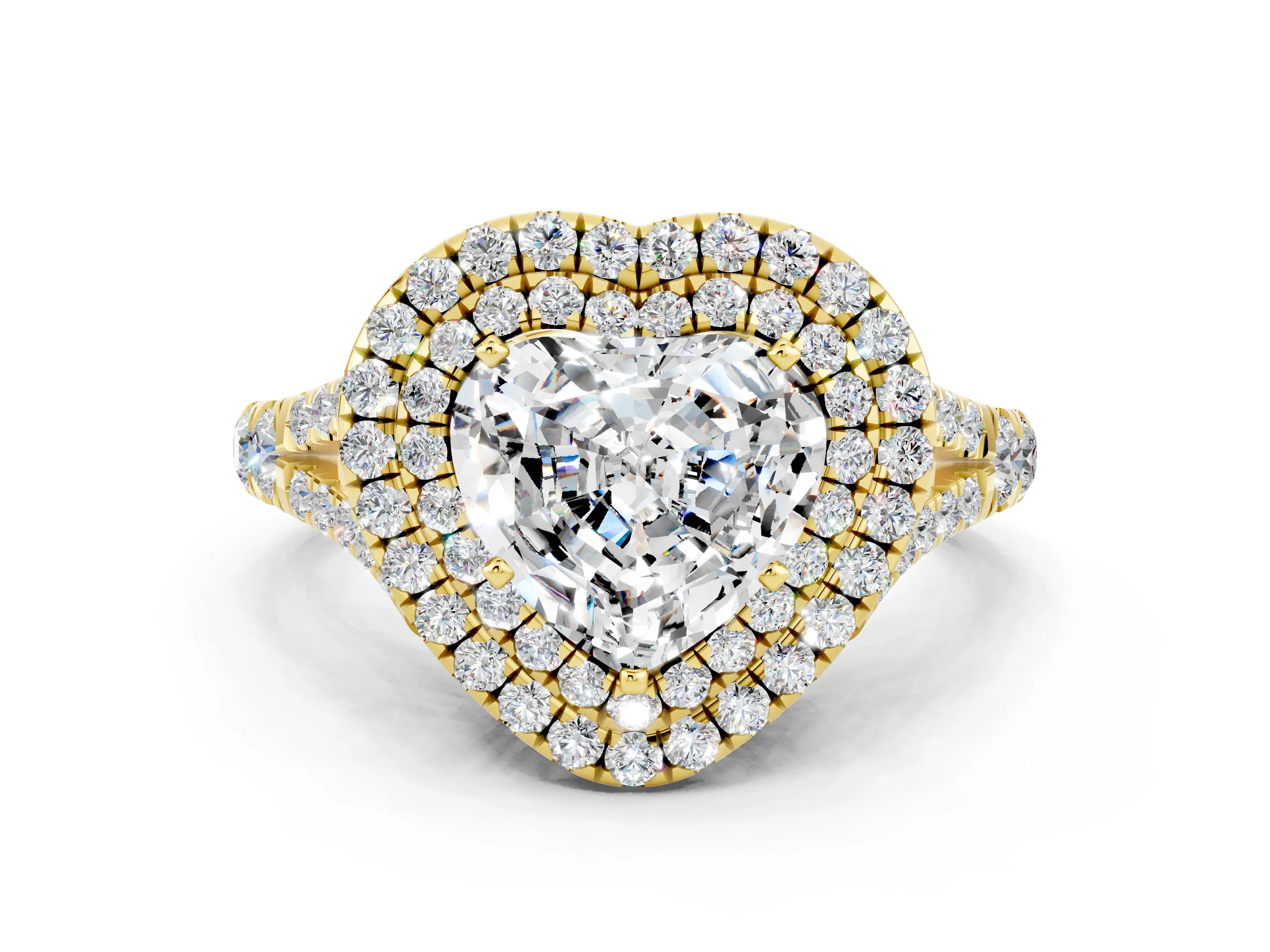 Yellow gold Double Halo Heart Cut Moissanite Split Shank Engagement Ring with Four-Prong Setting
