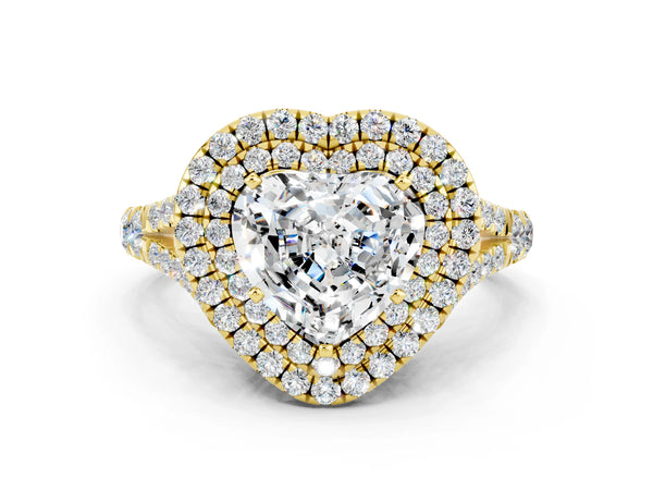 Yellow gold Double Halo Heart Cut Moissanite Split Shank Engagement Ring with Four-Prong Setting
