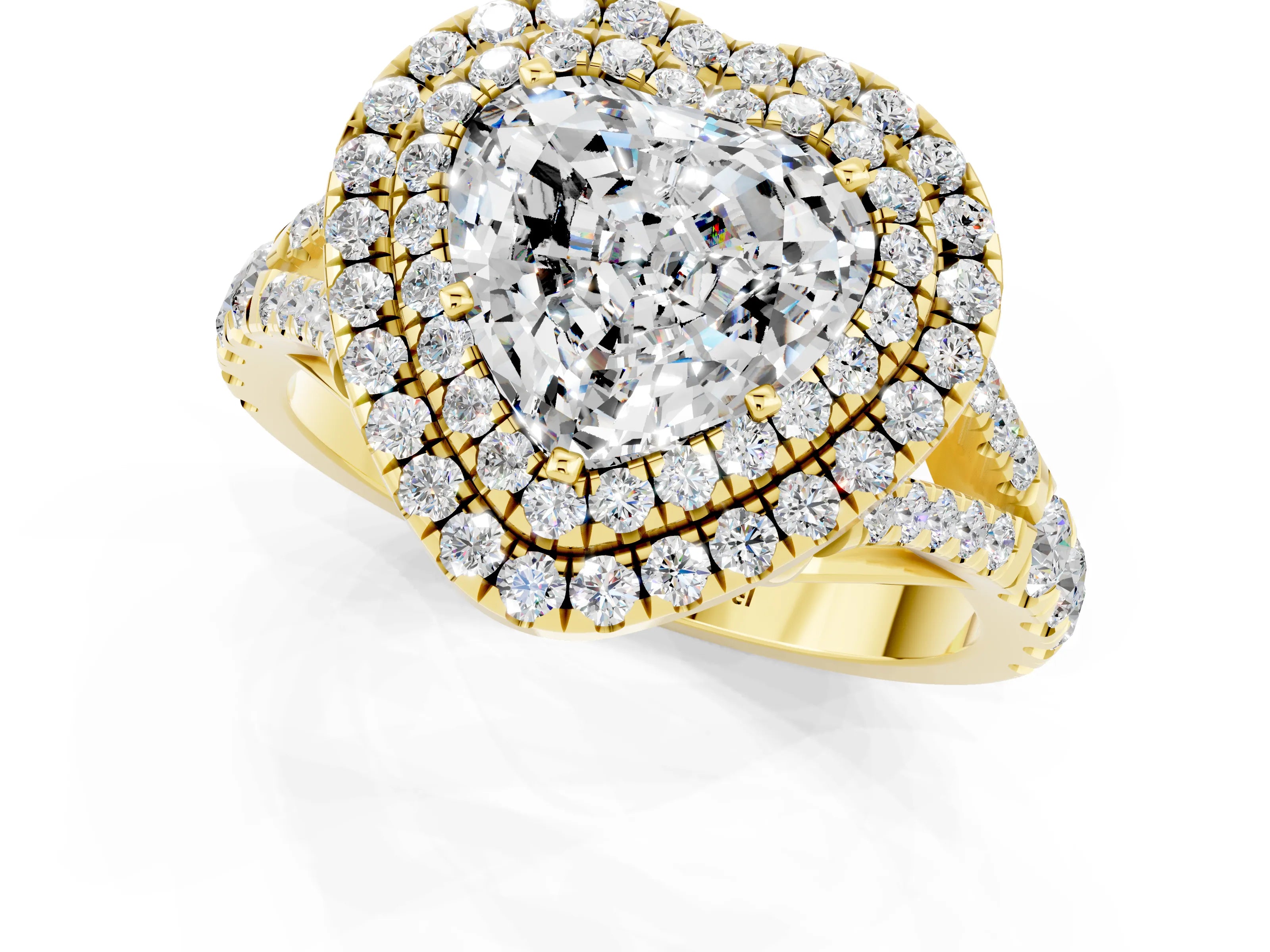 Yellow gold Double Halo Heart Cut Moissanite Split Shank Engagement Ring with Four-Prong Setting_1