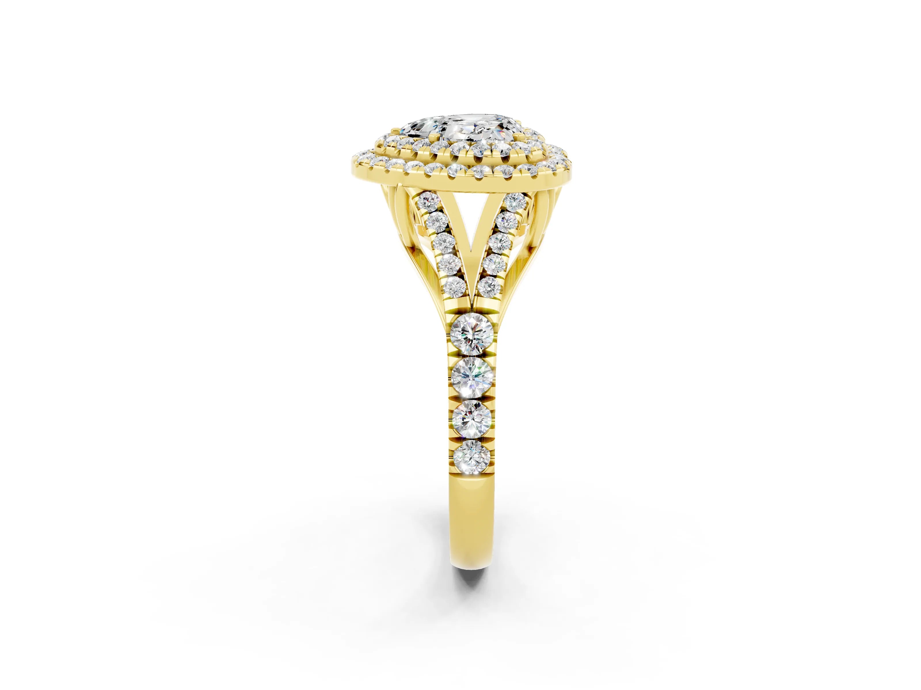 Yellow gold Double Halo Heart Cut Moissanite Split Shank Engagement Ring with Four-Prong Setting_2