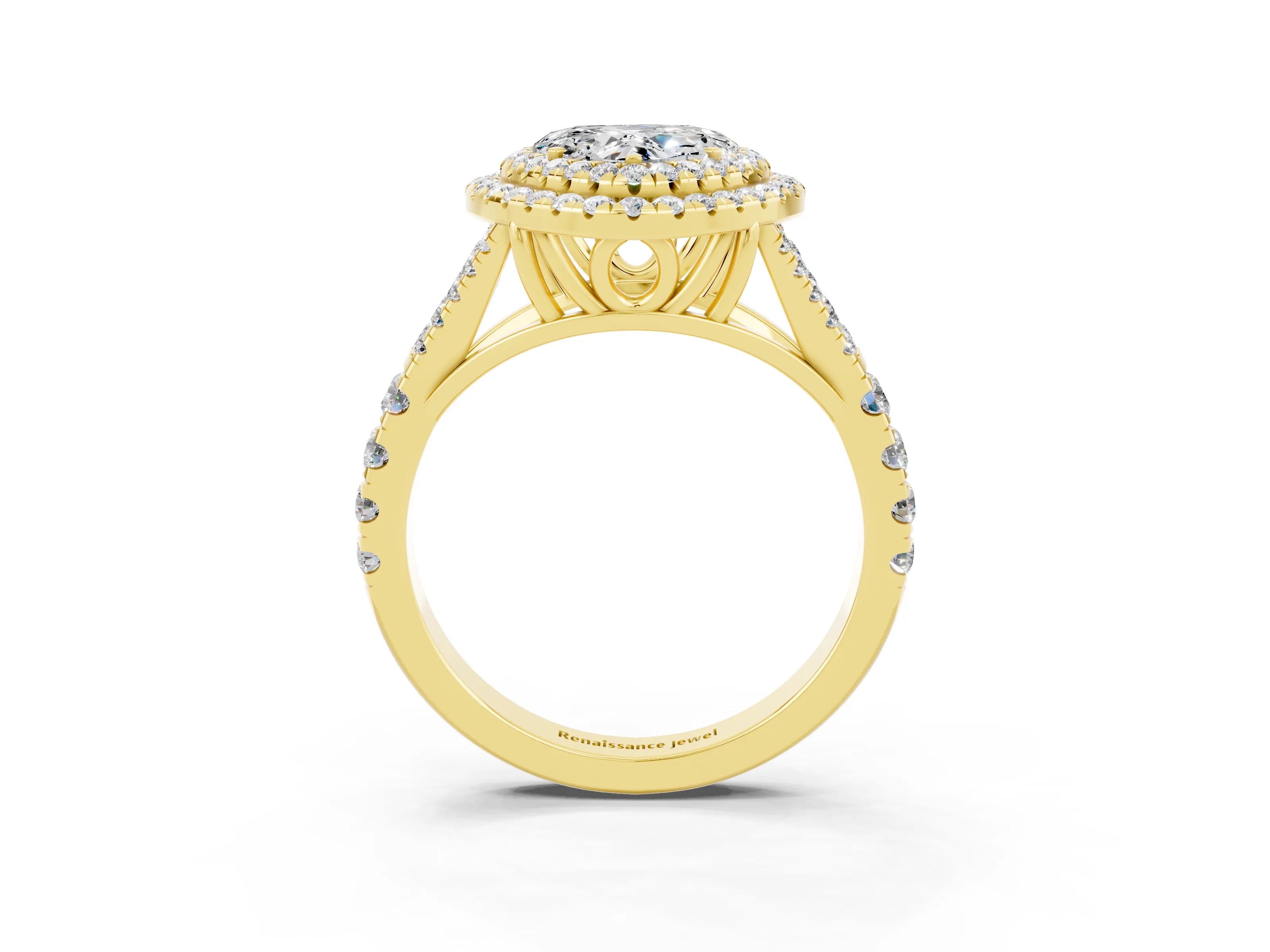 Yellow gold Double Halo Heart Cut Moissanite Split Shank Engagement Ring with Four-Prong Setting_3