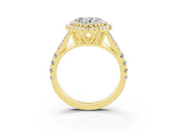 Yellow gold Double Halo Heart Cut Moissanite Split Shank Engagement Ring with Four-Prong Setting