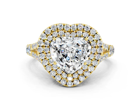 Yellow gold Double Halo Heart Cut Moissanite Split Shank Engagement Ring with Four-Prong Setting