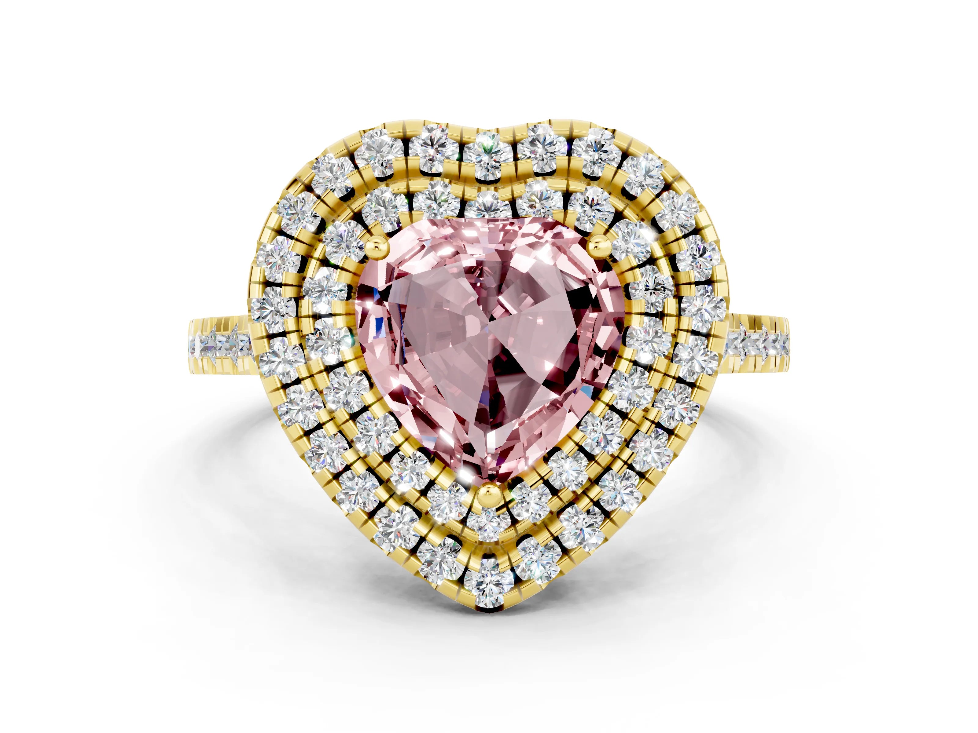 Yellow gold Double Halo Heart Cut Morganite Pavé Band with Four-Prong Setting