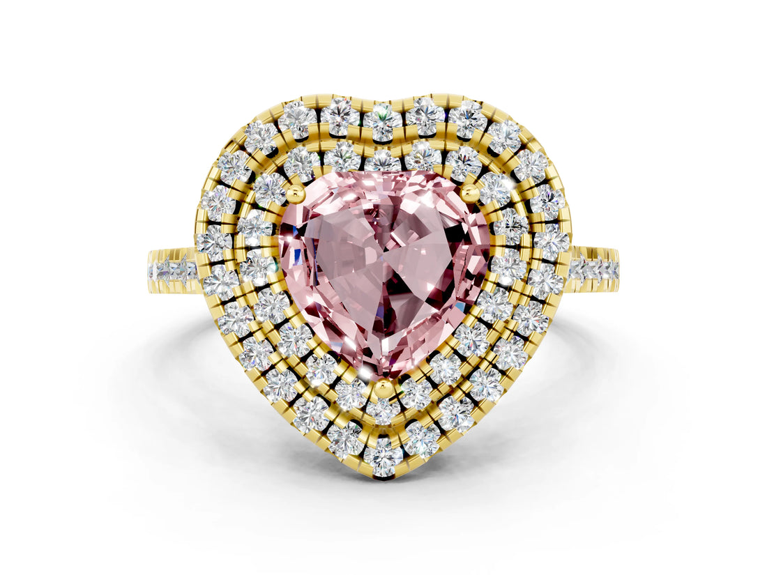 Yellow gold Double Halo Heart Cut Morganite Pavé Band with Four-Prong Setting