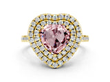 Yellow gold Double Halo Heart Cut Morganite Pavé Band with Four-Prong Setting