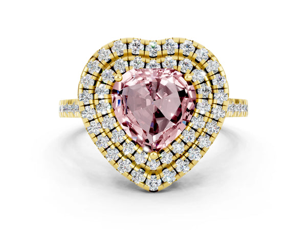 Yellow gold Double Halo Heart Cut Morganite Pavé Band with Four-Prong Setting