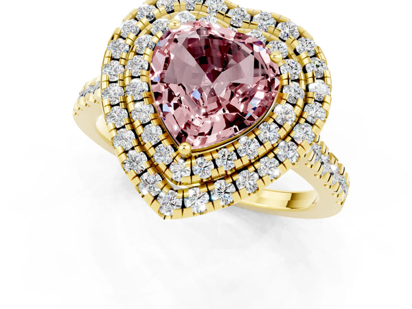 Yellow gold Double Halo Heart Cut Morganite Pavé Band with Four-Prong Setting