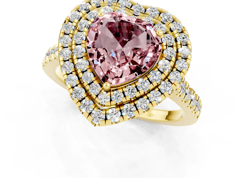 Yellow gold Double Halo Heart Cut Morganite Pavé Band with Four-Prong Setting_1