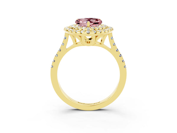 Yellow gold Double Halo Heart Cut Morganite Pavé Band with Four-Prong Setting