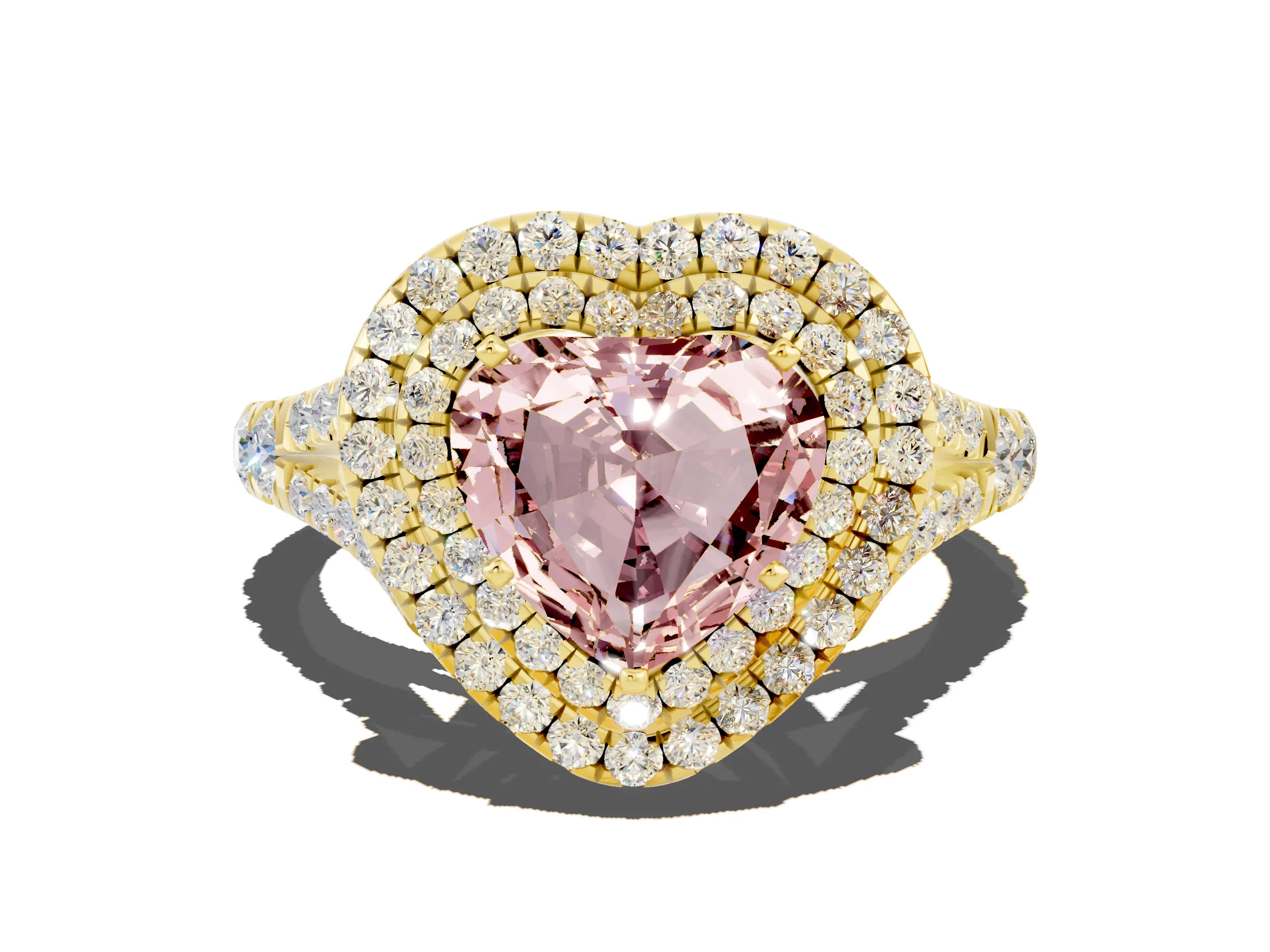 Yellow gold Double Halo Heart Cut Morganite Pavé Split Shank Ring with Prong Setting