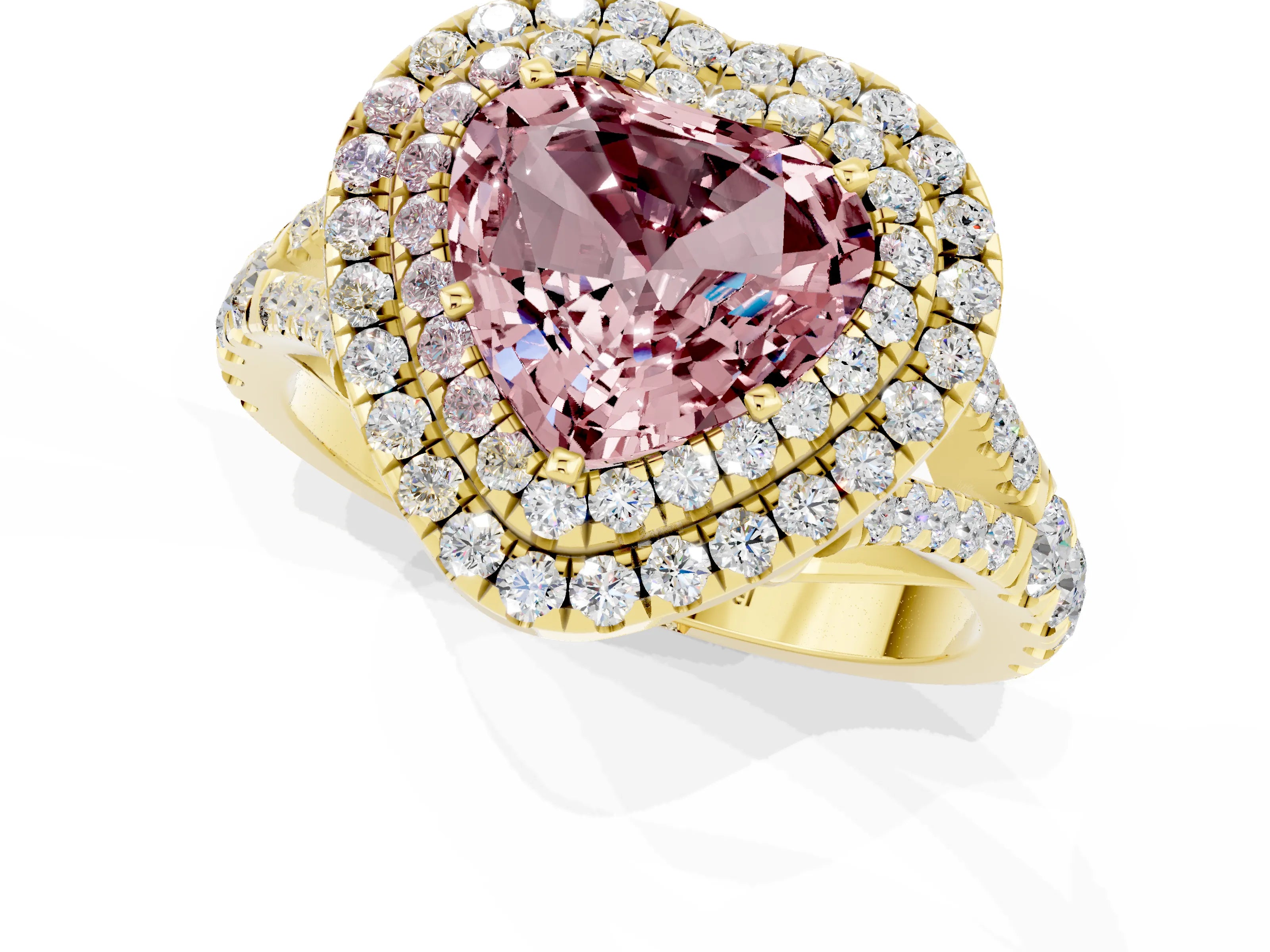 Yellow gold Double Halo Heart Cut Morganite Pavé Split Shank Ring with Prong Setting_1