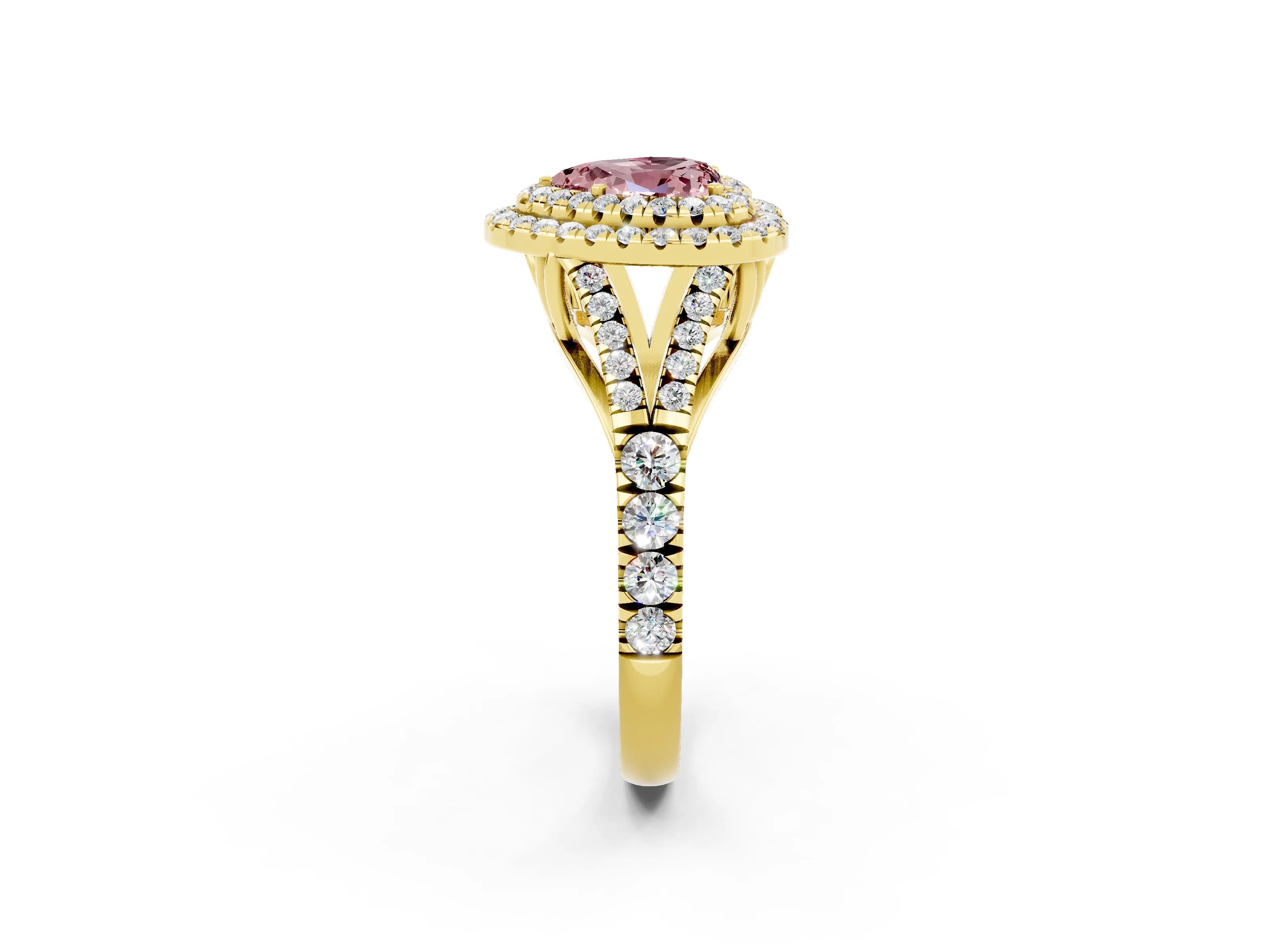 Yellow gold Double Halo Heart Cut Morganite Pavé Split Shank Ring with Prong Setting_2