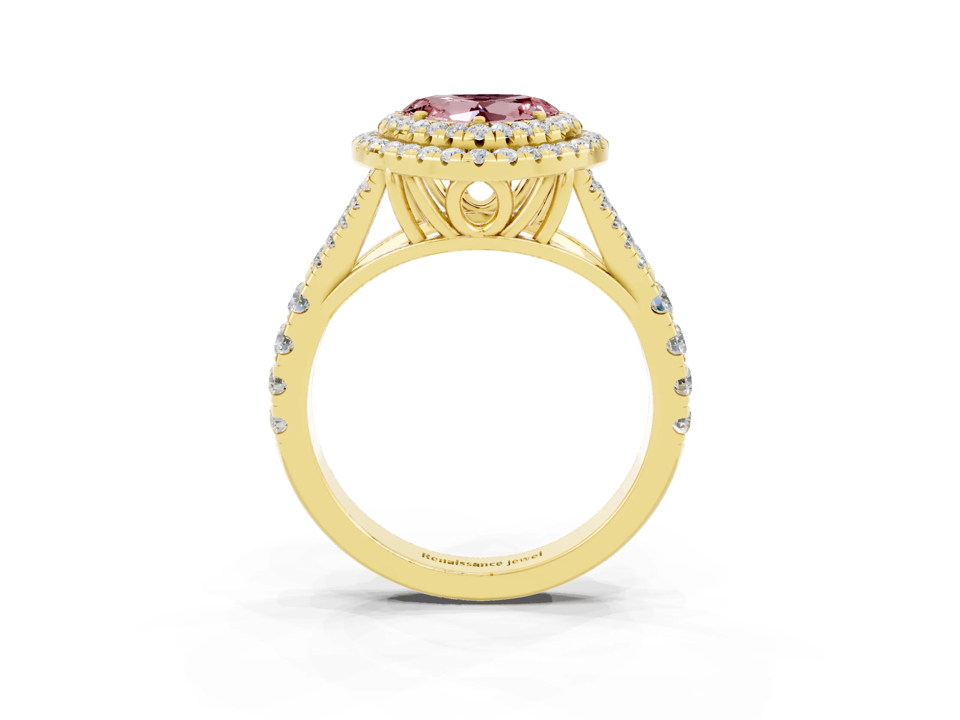 Yellow gold Double Halo Heart Cut Morganite Pavé Split Shank Ring with Prong Setting_3