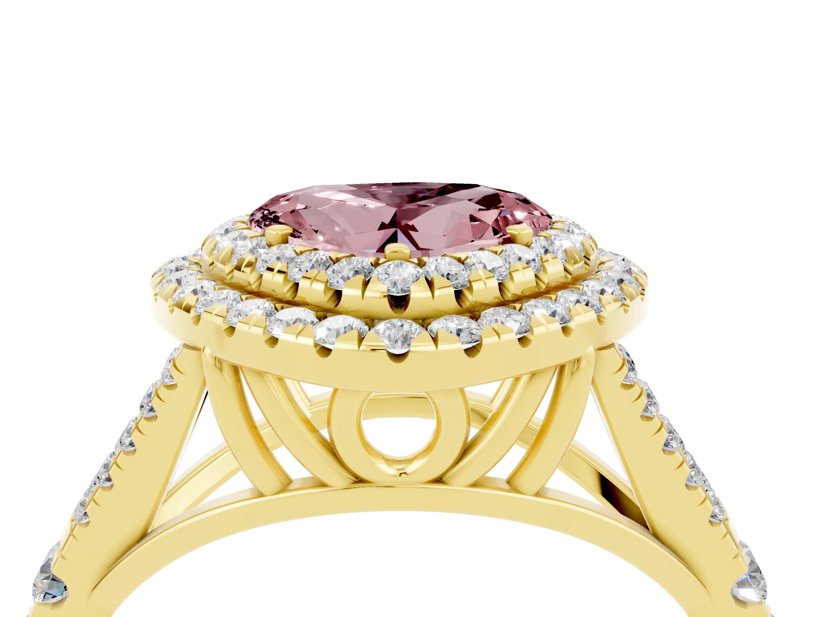 Yellow gold Double Halo Heart Cut Morganite Pavé Split Shank Ring with Prong Setting_4