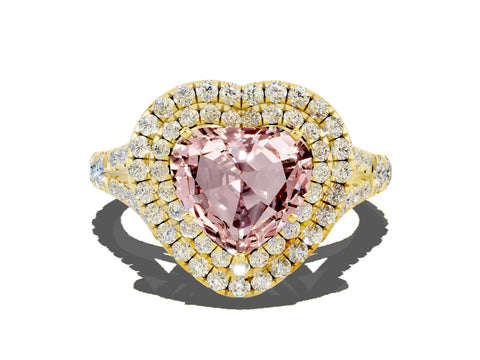 Yellow gold Double Halo Heart Cut Morganite Pavé Split Shank Ring with Prong Setting