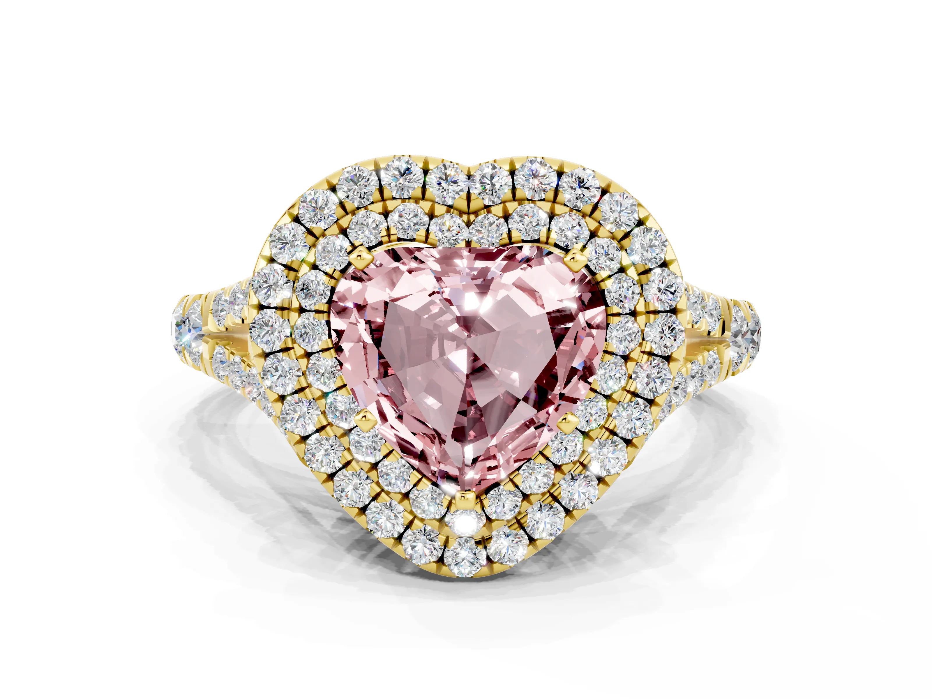 Yellow gold Double Halo Heart Cut Morganite Split Shank Engagement Ring with Four-Prong Setting