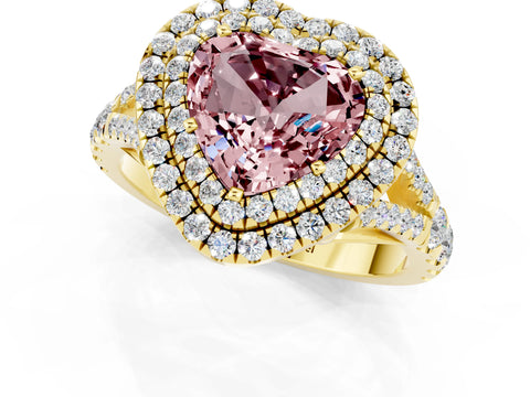 Yellow gold Double Halo Heart Cut Morganite Split Shank Engagement Ring with Four-Prong Setting_1