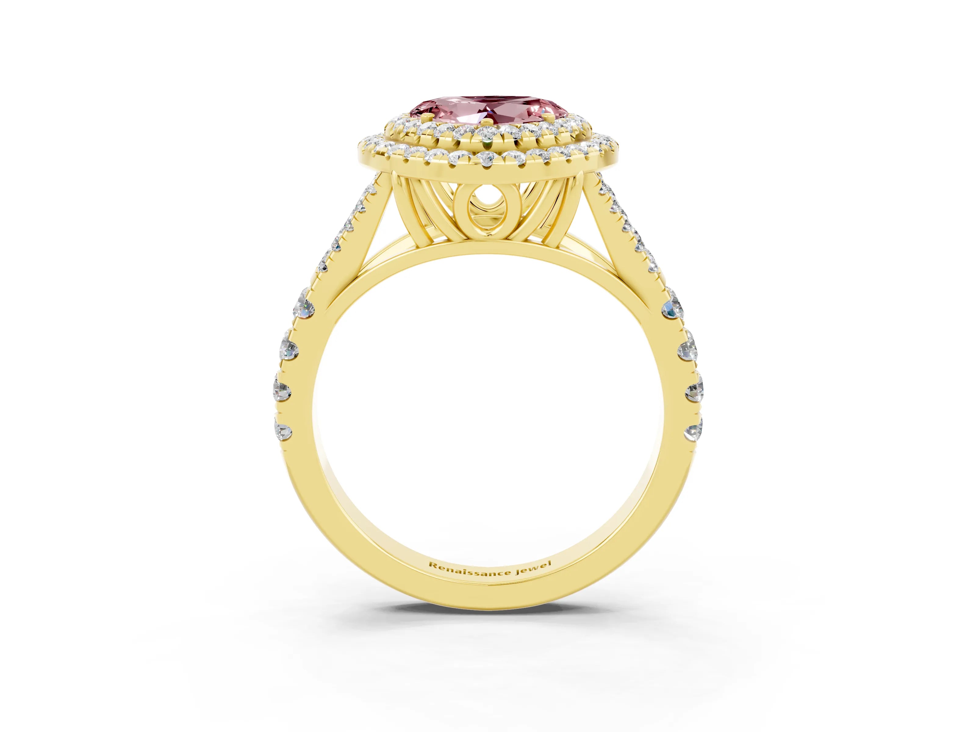 Yellow gold Double Halo Heart Cut Morganite Split Shank Engagement Ring with Four-Prong Setting_3